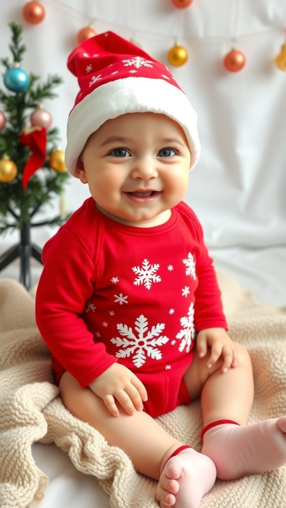 A baby in a red Christmas outfit with snowflakes, sitting on a blanket with holiday decorations.